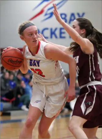  ?? RANDY MEYERS — FOR THE MORNING JOURNAL ?? Bay’s Madelynn Edgerly drives by Maria Potts of Rocky River at the baseline during the second quarter on Feb. 13.