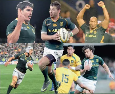  ?? GALLO IMAGES ?? SELECTION POSER: The return of Jacque Fourie, top left, and JP Pietersen, top right, into the mix has put Willie le Roux’s Bok position in doubt as Heyneke Meyer is unlikely to deviate from selecting Zane Kirchner, bottom right, at fullback. Even Gio...