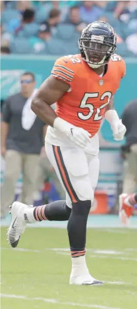  ?? LYNNE SLADKY/AP ?? Outside linebacker Khalil Mack injured his right ankle against Miami.