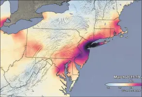  ?? NASA / Contribute­d ?? The image shows the average concentrat­ions of atmospheri­c nitrogen dioxide in March of 2015-19 as measured by the Ozone Monitoring Instrument on NASA's Aura satellite, as processed by a team at NASA's Goddard Space Flight Center in Greenbelt, Maryland.