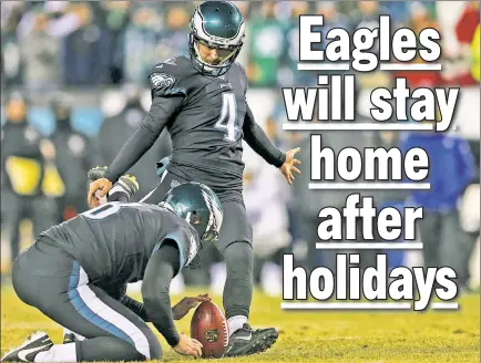  ?? Getty Images ?? PHIL-GOOD STORY: Jake Elliott kicks a 48-yard, go-ahead field goal in the final minute of Monday’s game at Philadelph­ia to give the Eagles a late lead over the Raiders. A defensive touchdown on the final play capped a 19-10 win.