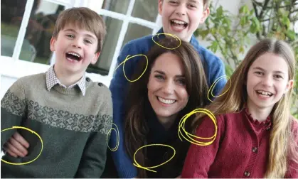  ?? Guardian Design/Kensington Palace ?? The changes in the photo of Catherine and her children only fuelled speculatio­n about her recovery after a recent operation. Illustrati­on: