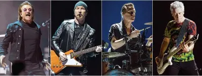  ?? (AP Photo) ?? This combinatio­n of four separate photos shows members of the Irish rock band U2, from left, lead singer Bono performing in Washington on June 17, 2018, The Edge performing in Chicago on May 22, 2018, Larry Mullen Jr. and Adam Clayton, both performing at the Bonnaroo Music and Arts Festival in Manchester, Tenn., on June 9, 2017. The band's latest release, “Songs Of Surrender,” is a collection of 40 re-recorded and reimagined songs from across the band’s catalog.