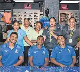  ?? Picture: BALJEET SINGH ?? Fijian Drua players Kitione Salawa (left), Taniela Rakuro and Michael Naitokani with Jack’s of Fiji staff meet at Jack’s Nadi.