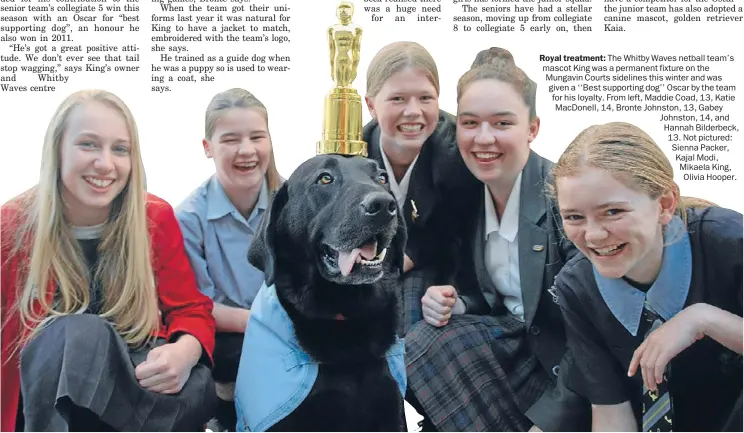  ??  ?? Royal treatment: The Whitby Waves netball team’s mascot King was a permanent fixture on the Mungavin Courts sidelines this winter and was given a ‘‘Best supporting dog’’ Oscar by the team for his loyalty. From left, Maddie Coad, 13, Katie MacDonell,...