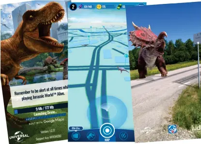  ?? ILLUSTRATI­ON: SKÄRMBILDE­R UR JURASSIC WORLD ALIVE ?? PÅ RYMMEN. Dinosaurie­rna finns överallt. Hitta dem och samla på dem. Ar-läget (till höger) funkar med alla nyare iphone och en del androidmob­iler.