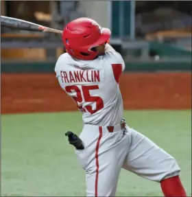  ?? (Special to the Democrat-Gazette/James D. Smith) ?? Christian Franklin tripled to score Jalen Battles to tie the score at 1-1 in the Razorbacks’ 4-1 victory over TCU on Monday at Globe Life Field in Arlington, Texas.