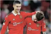  ?? Picture: REUTERS/CRAIG BROUGH ?? BACK WITH A BANG: Manchester United’s Cristiano Ronaldo and Alejandro Garnacho celebrate after their Europa League win over Sheriff Tiraspothe.