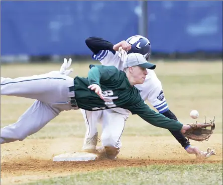  ?? STAN HUDY ?? Shenendeho­wa shortstop Chase Carroll dives for the throw to second base on Saratoga Springs base runner Nick Chudy’s steal in the bottom of the fourth inning at East Side Rec on April 11, 2019.