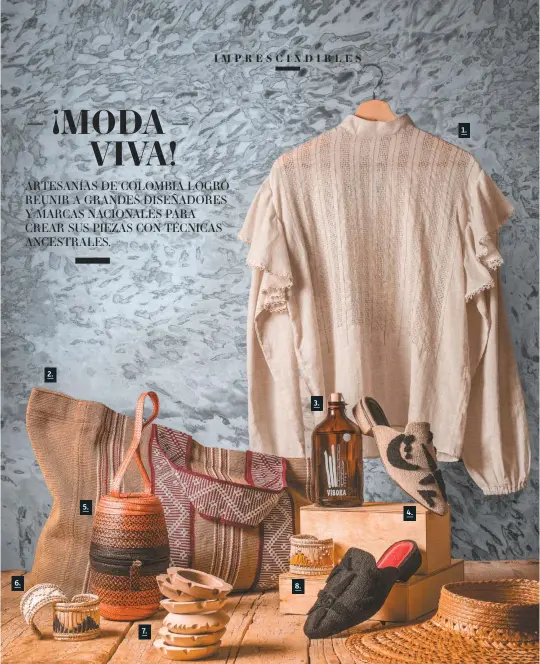  ??  ?? 1. Blusa de lino con calados de Mompox, de Faride Ramos: $430.000. 2. Bolso labrado en telar, de San Jacinto, Bolívar, en Artesanías de Colombia. 3. Viche, de Víbora: $60.000. 4. Zapatos de pellón, de La Guajira, de Wonder for People: $375.000. 5. Bolso de mano en caña flecha, de Tuchín, Córdoba, en Artesanías de Colombia.
6. Pulseras de iraca, de Usiacurí, Atlántico, en Artesanías de Colombia: $30.000. 7. Pulseras de madera, en Artesanías de Colombia: $69.000. 8. Pulsera de iraca, de Usiacurí, Atlántico, en Artesanías de Colombia: $30.000.