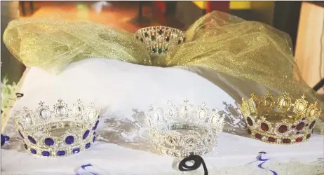  ??  ?? The three crowns seen up front will be awarded to the runnerups Miss Water, Miss Air, Miss Fire. The crown in the background will be for the lucky Miss Earth Guyana 2018 beauty.