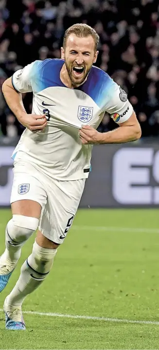  ?? ?? Back of the net: Harry Kane becomes England’s highest-ever goal scorer as he hammers home his 54th winner for the nation during a Euros 2024 qualifier. ‘It means everything,’ Kane said of overtaking Wayne Rooney’s record