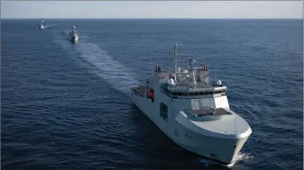  ?? ?? Contribute­d
Royal Canadian Navy HMCS Margaret Brooke leads the naval convoy for a photo exercise in the Northern Atlantic Ocean, 2022.