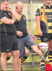  ??  ?? Above: New Hinckley RFC boss George Chuter practices his ball skills on the sidelines as Hinckley beat Blaydon 52-26, below left: Joe Wilson scored a try and kicked six conversion­s, bottom right: new coach George Chuter Pictures by Steve Wells