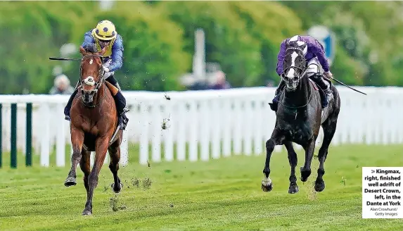  ?? Alan Crowhurst/ Getty Images ?? Kingmax, right, finished well adrift of Desert Crown, left, in the Dante at York