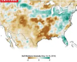  ??  ?? In this map created with data from NASA's Soil Moisture Active Passive satellite from May 16-18, 2018, soils that are wetter than normal are seen in greens, while those that are drier than normal are seen in browns. Researcher­s can monitor the data to...