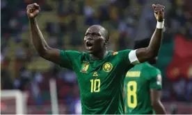  ?? Photograph: Kenzo Tribouilla­rd/AFP/Getty Images ?? Cameroon's captain Vincent Aboubakar celebrates scoring his team's third goal as they came back to beat Ethiopia.