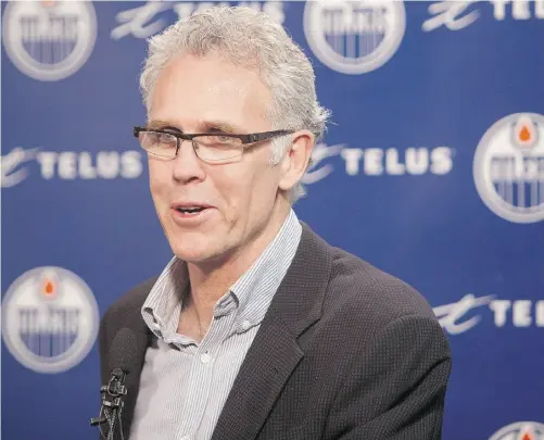  ?? GREG SOUTHAM/ EDMONTON JOURNAL ?? Edmonton Oilers general manager Craig MacTavish talks to the media about the state of the organizati­on at Rexall Place on Monday.