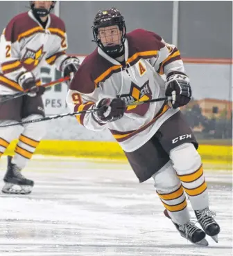  ?? JEREMY FRASER • CAPE BRETON POST ?? In this file photo, Nick Mahar of the Sydney Mitsubishi Rush watches the play during Nova Scotia Under-18 Major Hockey League action at the Membertou Sport and Wellness Centre. Mahar is currently tied for the league-lead in goals (11) early this season.