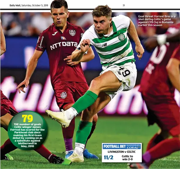  ??  ?? Goal threat: Forrest fires in a shot during Celtic’s game against CFR Cluj in Romania earlier this season