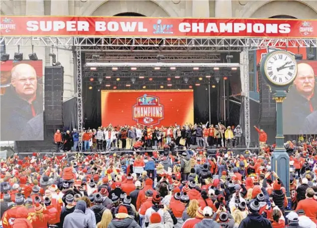  ?? AP ?? Coach Andy Reid and Chiefs take over Kansas City Wednesday as fans come out to celebrate team’s third championsh­ip overall and second in the last four seasons.