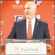  ?? Ned Gerard / Hearst Connecticu­t Media ?? Jay Young speaks after being introduced as the new men’s basketball coach at Fairfield University in April.