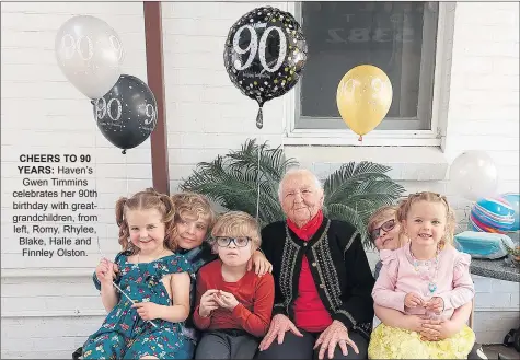  ?? ?? Haven’s Gwen Timmins celebrates her 90th birthday with greatgrand­children, from left, Romy, Rhylee, Blake, Halle and Finnley Olston.