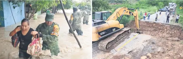  ??  ?? En Veracruz (izq), habitantes fueron rescatados por elementos del Ejército ante la inundación de 20 colonias; en Oaxaca (der), las lluvias provocaron daños en 117 tramos carreteros.