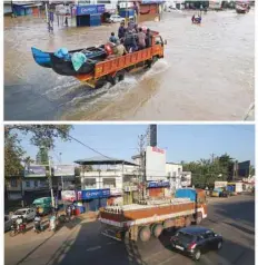  ??  ?? A combinatio­n photo shows a supply truck transporti­ng boats to flooded areas through a water-logged road in Aluva, Kerala, India, on August 18, 2018 (top) and people commuting along a road in Aluva, on September 8, 2018.