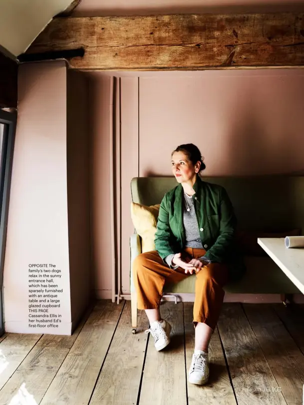  ??  ?? OPPOSITE The family’s two dogs relax in the sunny entrance hall, which has been sparsely furnished with an antique table and a large glazed cupboard THIS PAGE Cassandra Ellis in her husband Ed’s first-floor office