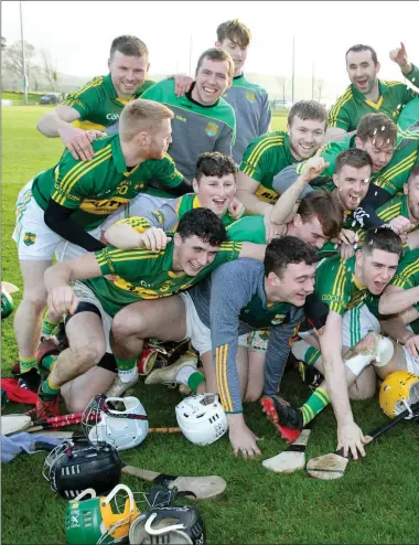  ??  ?? Victorious Cloughduv players celebrate after they were crowned AIB Munster Club Junior Hurling champions last weekend after defeating Ballinamee­la in the Final in Mallow.