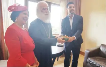  ?? ?? Publisher, Lady Maiden Alex- Ibru ( left); Patriarch Theodore II of Alexandria and All Africa and Chief Executive Officer, Mr Toke Alex- Ibru during a meeting with the Patriarch in Lagos.