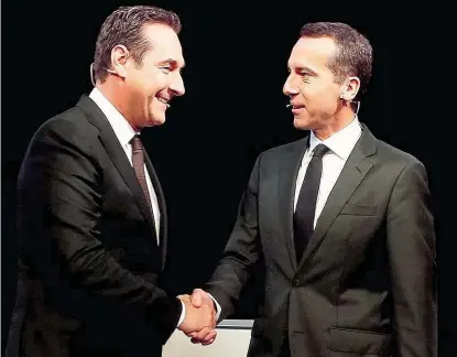  ??  ?? Strache und Kern: Kein Wohlfühl- Kuschel- Abend, aber auch kein Porzellan zerschlage­n