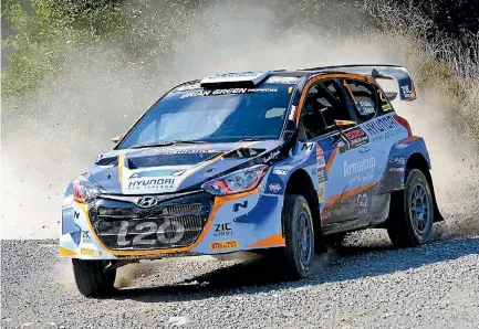  ?? PHOTO: GEOFF RIDDER/SUPPLIED ?? Hayden Paddon and co-driver John Kennard on their way to winning the weekend’s Rally Otago.