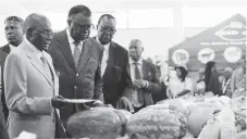  ??  ?? President Mugabe and Namibian President Dr Hage Geingob admire some of the agricultur­al produce at the Home Industries stand at ZITF