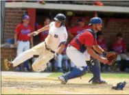  ?? PETE BANNAN — DIGITAL FIRST MEDIA ?? Downingtow­n’s Mike Mollenhave­r scores as Boyertown catcher Ryan Weller waits for the ball in the second inning Wednesday.