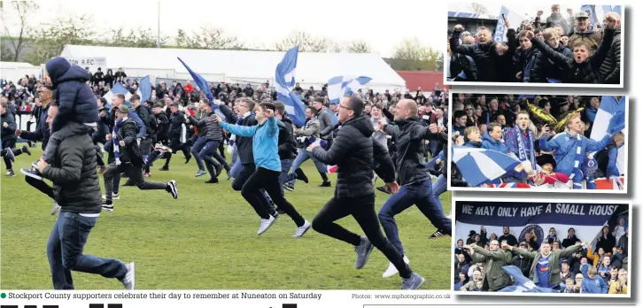  ?? Photos: www.mphotograp­hic.co.uk ?? ●●Stockport County supporters celebrate their day to remember at Nuneaton on Saturday