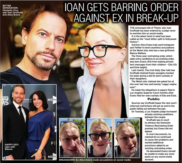  ?? ?? BITTER SEPARATION: Fantastic Four star Ioan Gruffudd and Alice Evans
HAPPY OUT: Ioan with Bianca
BREAKDOWN: Ex Alice Evans made accusation­s on social media