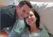  ??  ?? D’Addario poses with her husband, Tom, in a hospital bed after undergoing a bilateral mastectomy in 2015, shortly after she was diagnosed with lobular breast cancer.