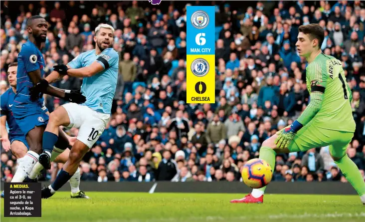  ??  ?? A MEDIAS. Agüero le marca el 3-0, su segundo de la noche, a Kepa Arrizabala­ga. MAN. CITY CHELSEA