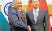  ?? PTI ?? Minister of state for external affairs Gen VK Singh meets Chinese foreign minister Wang Yi in Beijing on Sunday.