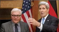  ?? AP/RONALD ZAK ?? German Foreign Minister Frank-Walter Steinmeier (left) and U.S. Secretary of State John Kerry speak Saturday in Vienna about talks on Iran’s nuclear program. Steinmeier said the talks had reached “a moment of truth.”