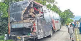  ?? PTI ?? The double-decker private bus which was hit by a speeding truck on the Lucknow-Ayodhya road in Barabanki district on Wednesday.