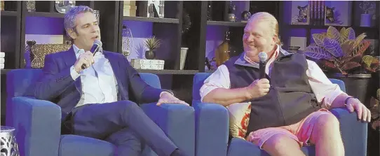  ??  ?? ‘Watch What Happens Live’ host Andy Cohen, left, and celebrity chef Mario Batali talk at the INBOUND conference yesterday.