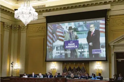  ?? Tom Brenner / Associated Press ?? A video of John Eastman is displayed June 16 during a House select committee hearing on the attack on the Capitol.