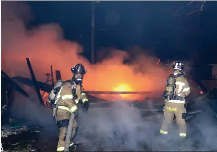  ?? PHOTOS COURTESY DENNIS WALUS ?? Royal Oak firefighte­rs extinguish a garage fire on Chippewa after a power generator caught fire Sunday evening. Thousands in the city were left without power after heavy winds and rain downed trees, branches and power lines.