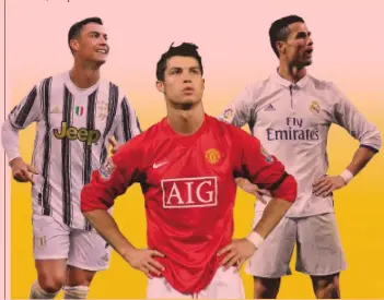  ?? GETTY ?? Il passato Cristiano con le maglie di Juve, United e Real. Nella foto in alto, scattata quest’anno, è ancora vestito da Red Davils: col Manchester United ha chiuso il 22 novembre