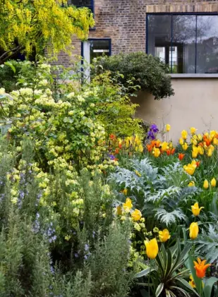  ??  ?? Charles enjoys the view from a small seating area at the side of the garden enclosed by apple blossom
‘Borrow the boundaries and think about the backdrop’ is Charles’s good advice for city gardeners. The golden