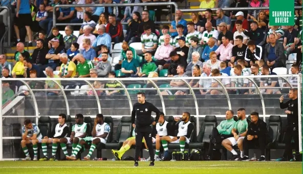  ??  ?? Above Stephen Bradley patrols the touchline during Shamrock Rovers’ recent top-of-the-table clash against Dundalk