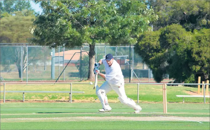  ??  ?? Cricket Shepparton’s Peter Cardamone plays a shot through the off-side during the opening match of the Barooga Masters on Monday night. More pictures on page 19.